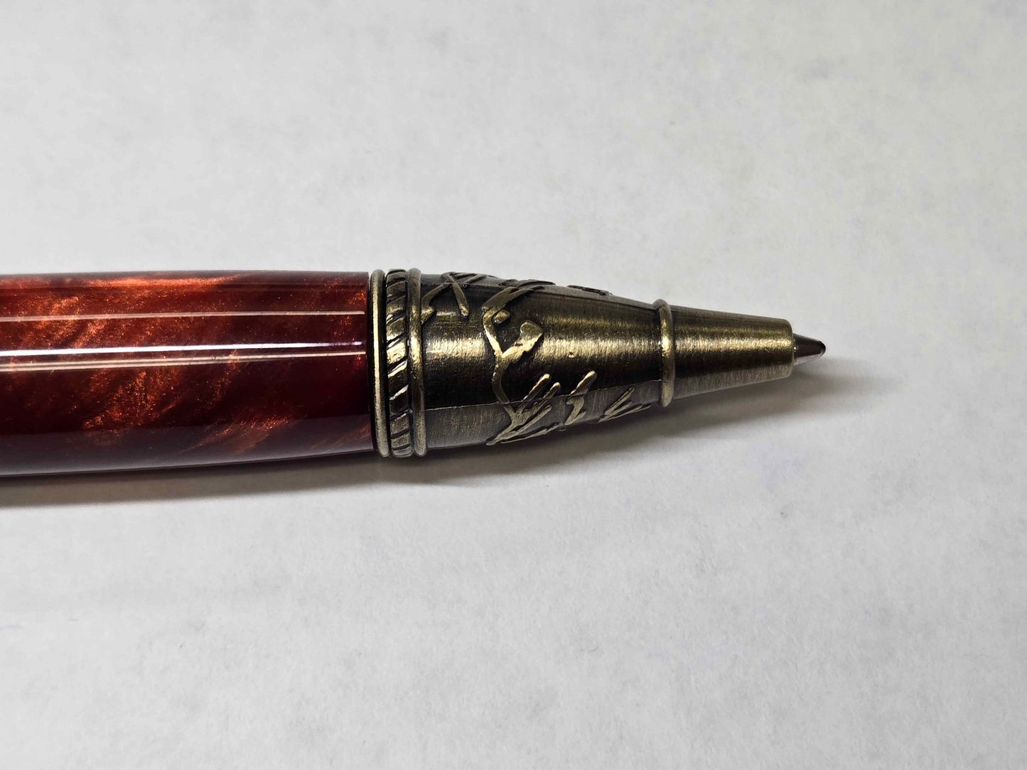 Kunlun Dragon Ballpoint Pen (Antique Brass - Synthetic Burl Dark Red Acrylic)