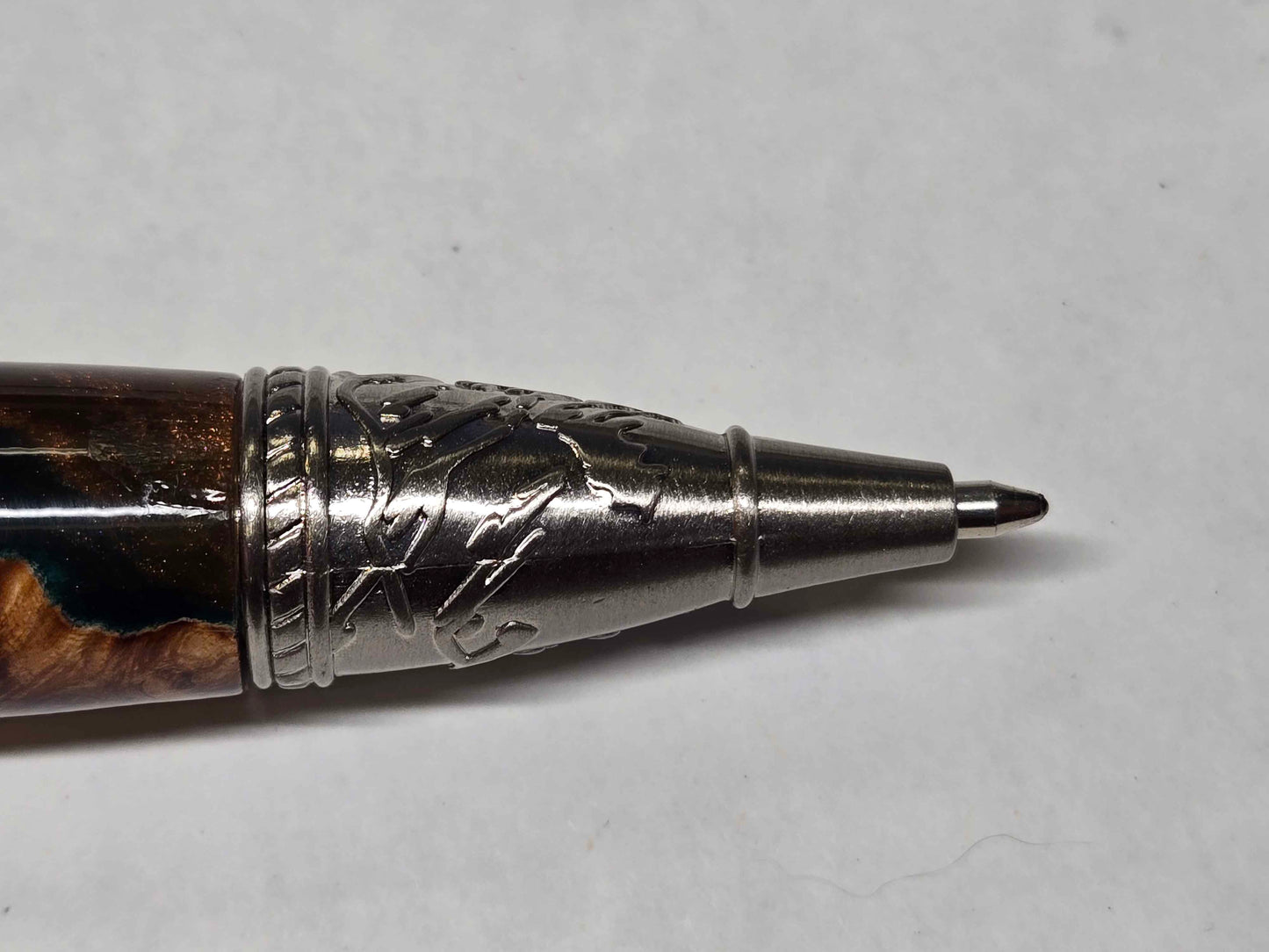 Kunlun Dragon Ballpoint Pen (Antique Nickel - Alumilite Resin & Maple Burl Hybrid)