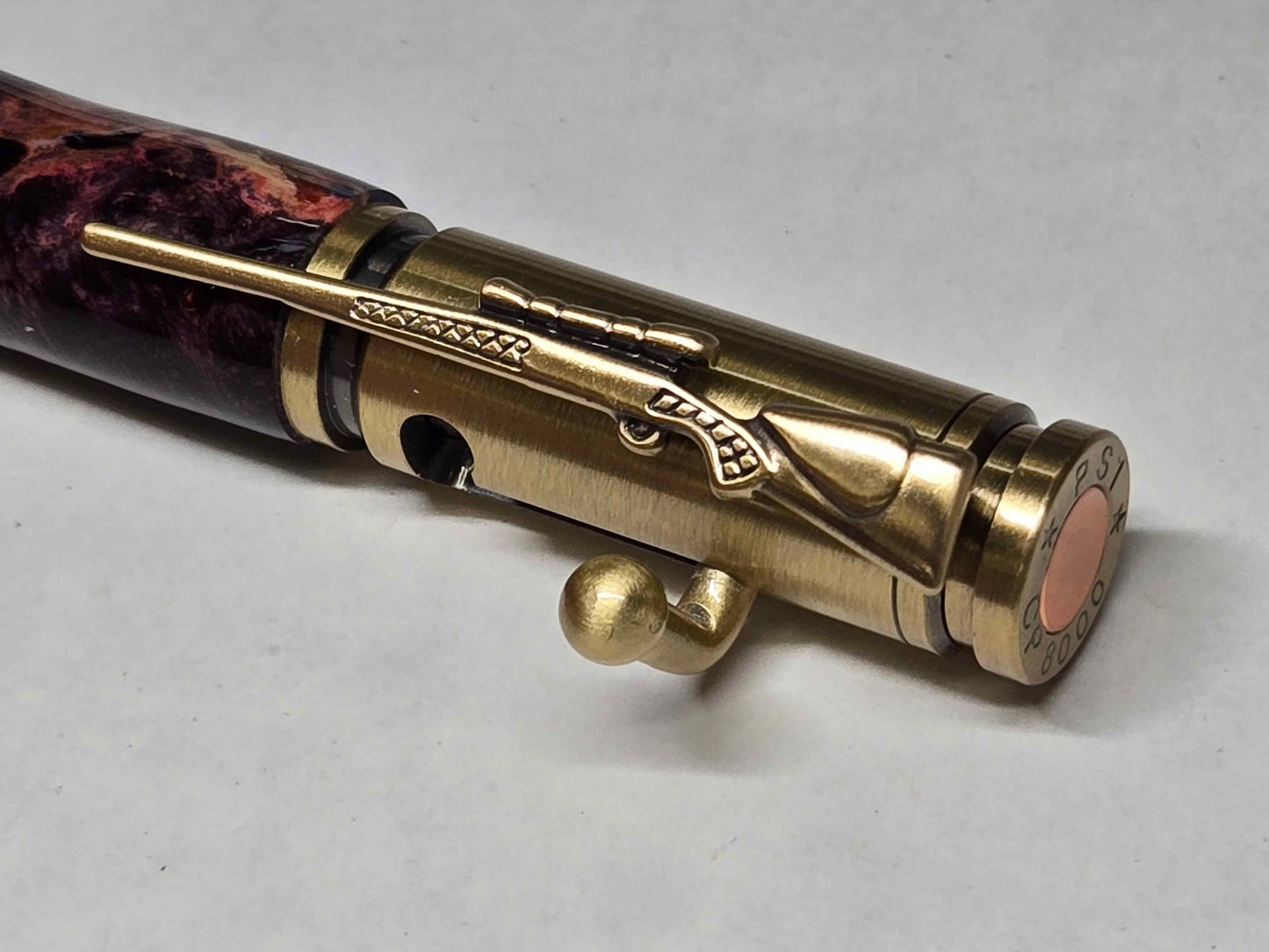 .30 Calibur Bolt Action Ballpoint Pen (Antique Brass - Multi-Dyed Maple Burl with Blue Acrylic)