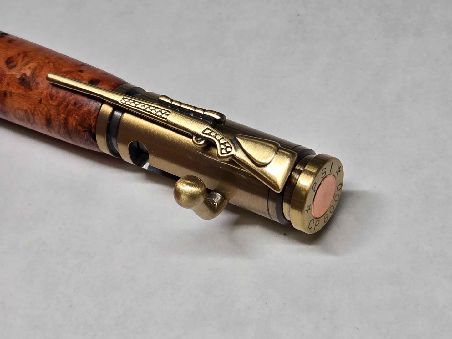 .30 Calibur Bolt Action Ballpoint Pen (Antique Brass - Thuya Burl)