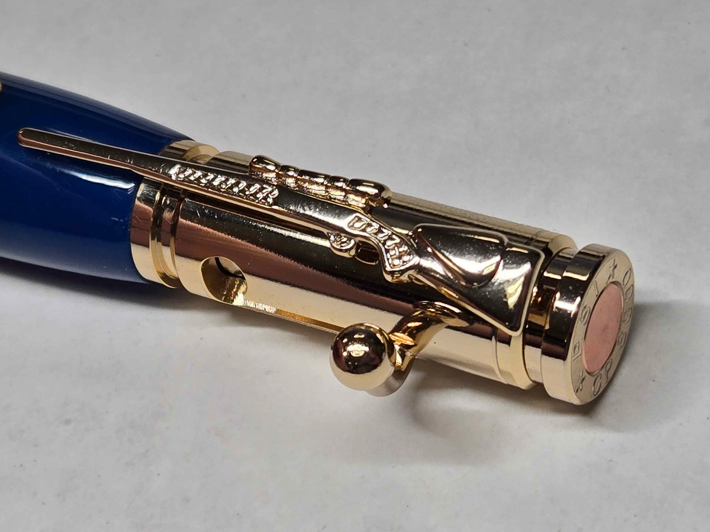 .30 Calibur Bolt Action Ballpoint Pen (Gold - Maple Burl with Blue & Silver Alumilite)