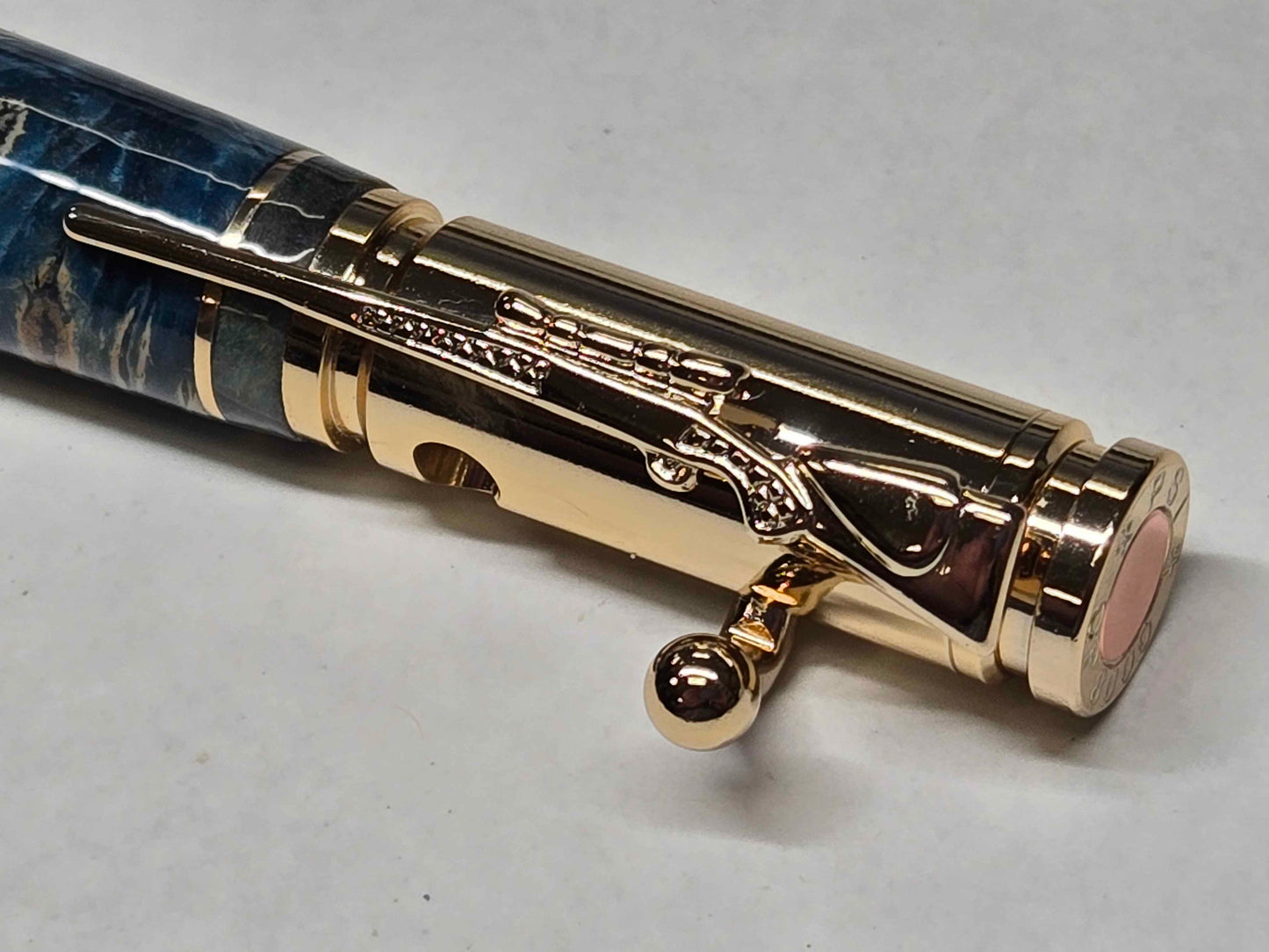 .30 Calibur Bolt Action Ballpoint Pen (Gold - Teal-Dyed Buckeye Burl with Brass Inlay)