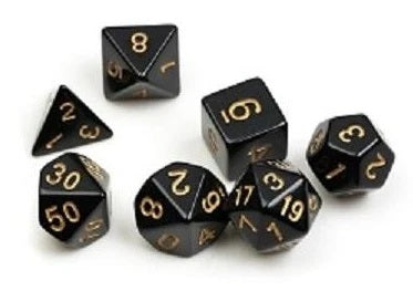 Sirius α Dice Set (7 Dice + Bonus d20) - Solid Black with Gold Ink