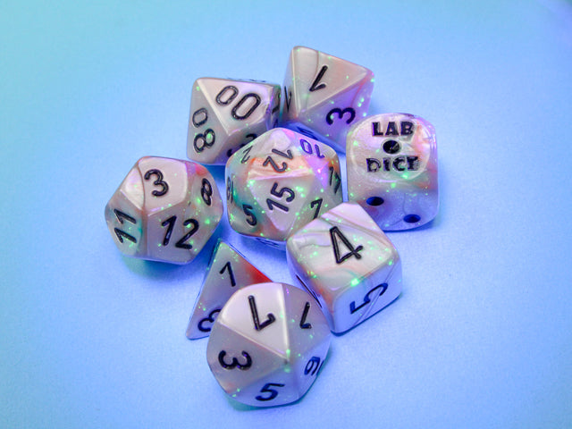 Chessex Polyhedral Lab Dice Set: Lustrous Luminary (Sea Shell/Black)