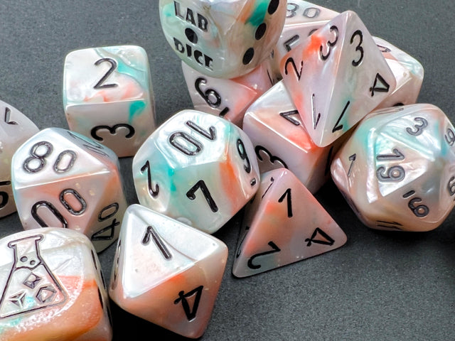 Chessex Polyhedral Lab Dice Set: Lustrous Luminary (Sea Shell/Black)