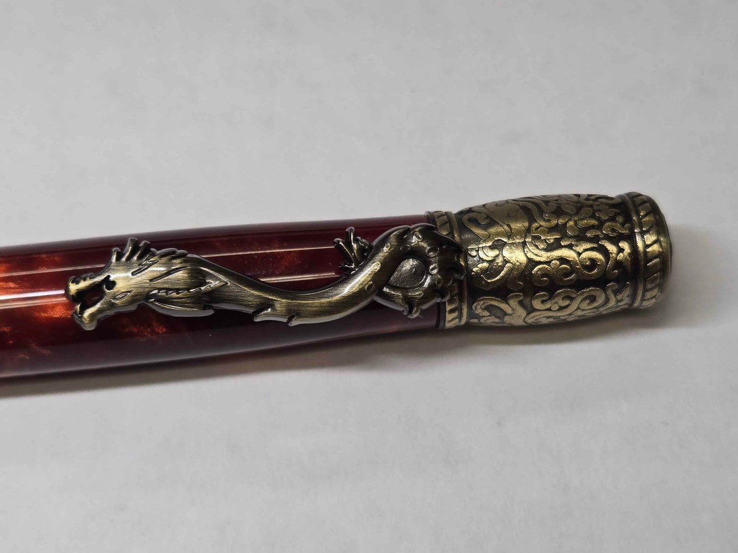 Kunlun Dragon Ballpoint Pen (Antique Brass - Synthetic Burl Dark Red Acrylic)