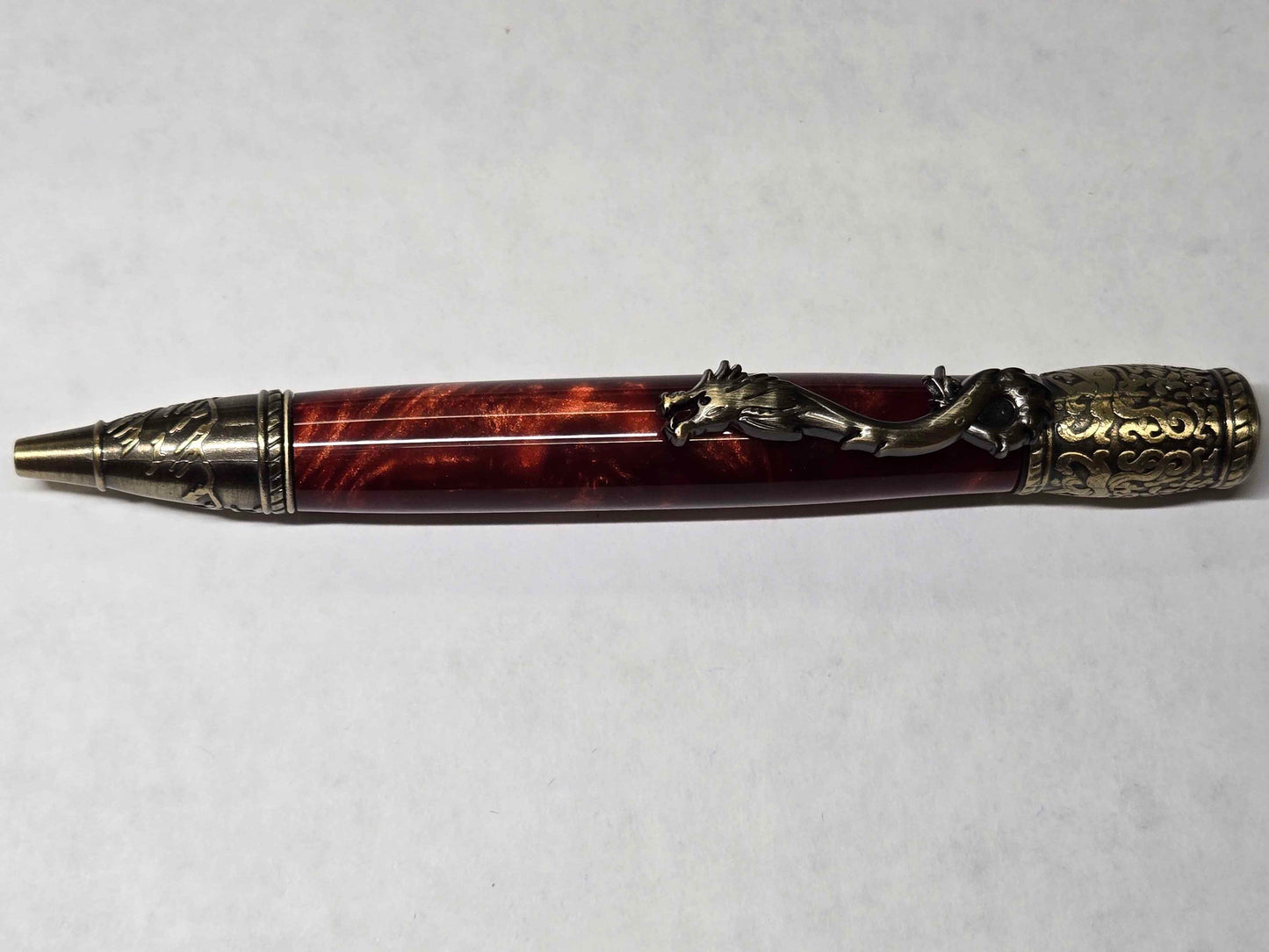Kunlun Dragon Ballpoint Pen (Antique Brass - Synthetic Burl Dark Red Acrylic)