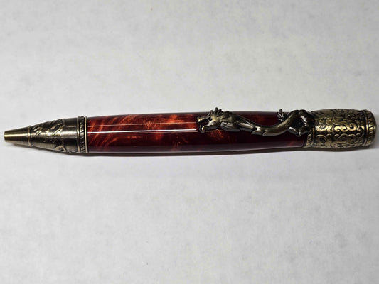 Kunlun Dragon Ballpoint Pen (Antique Brass - Synthetic Burl Dark Red Acrylic)