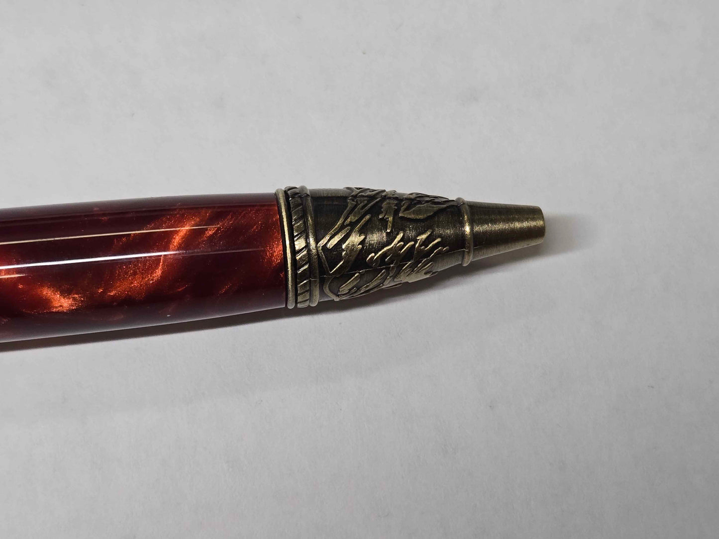 Kunlun Dragon Ballpoint Pen (Antique Brass - Synthetic Burl Dark Red Acrylic)