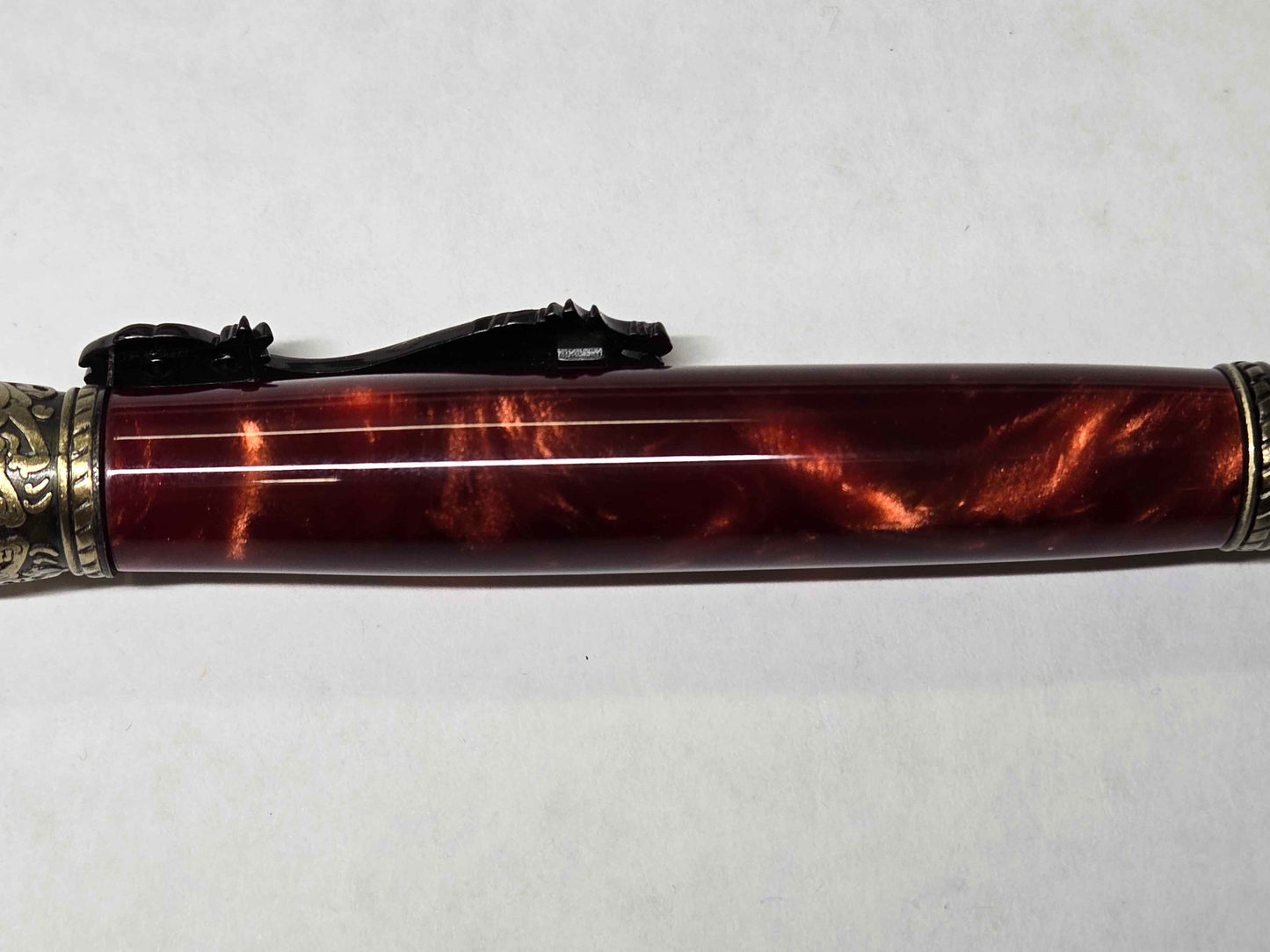 Kunlun Dragon Ballpoint Pen (Antique Brass - Synthetic Burl Dark Red Acrylic)