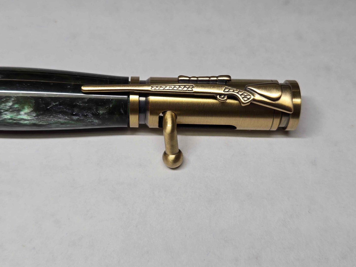 .30 Calibur Bolt Action Ballpoint Pen (Antique Brass - Alumilite Galapagos Green)