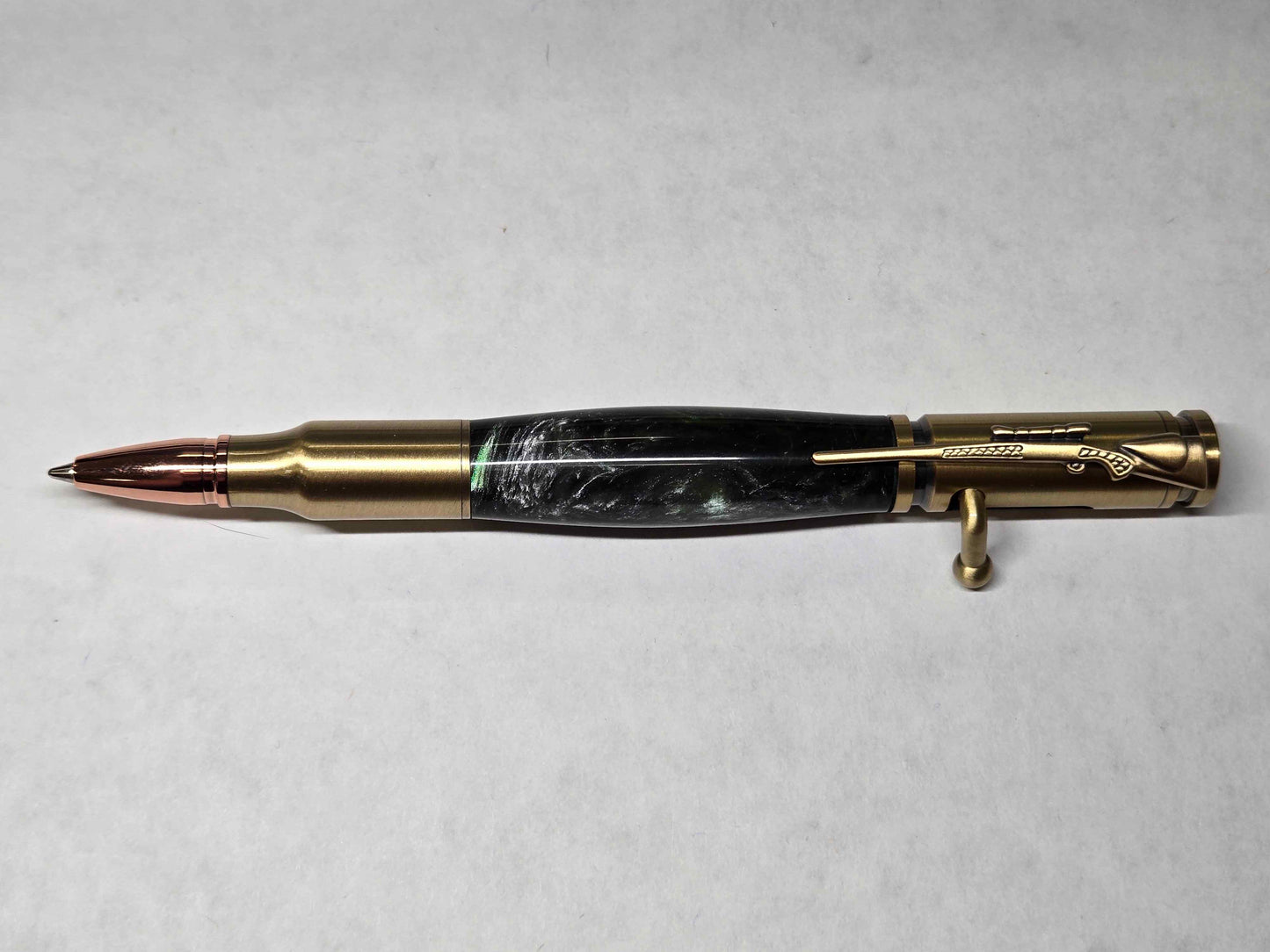 .30 Calibur Bolt Action Ballpoint Pen (Antique Brass - Alumilite Galapagos Green)