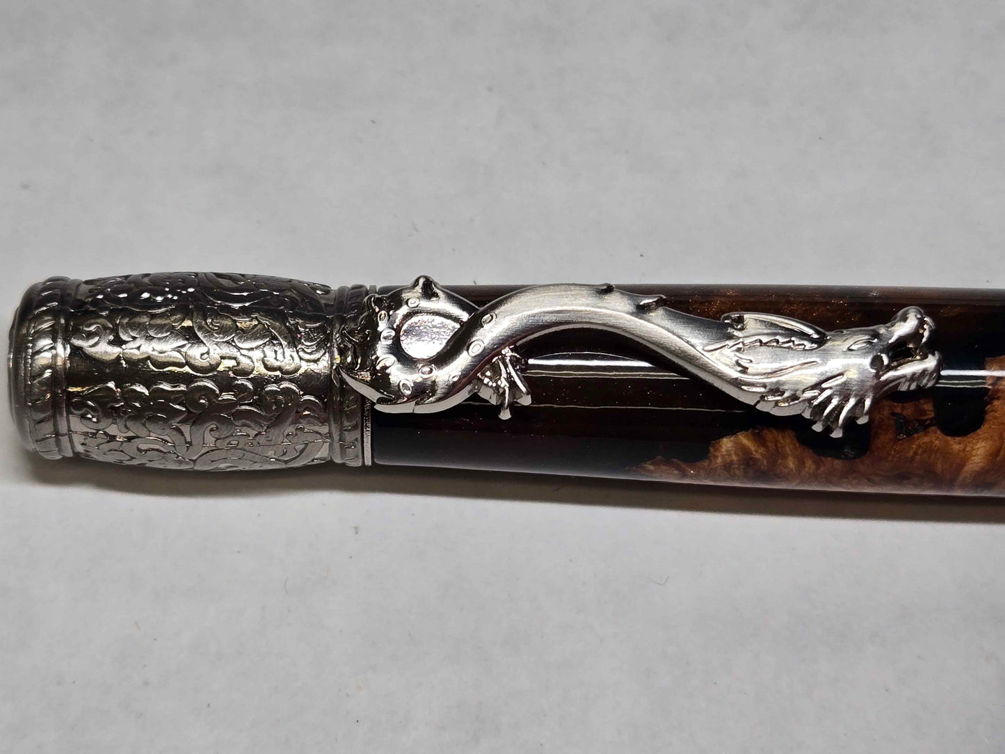 Kunlun Dragon Ballpoint Pen (Antique Nickel - Alumilite Resin & Maple Burl Hybrid)