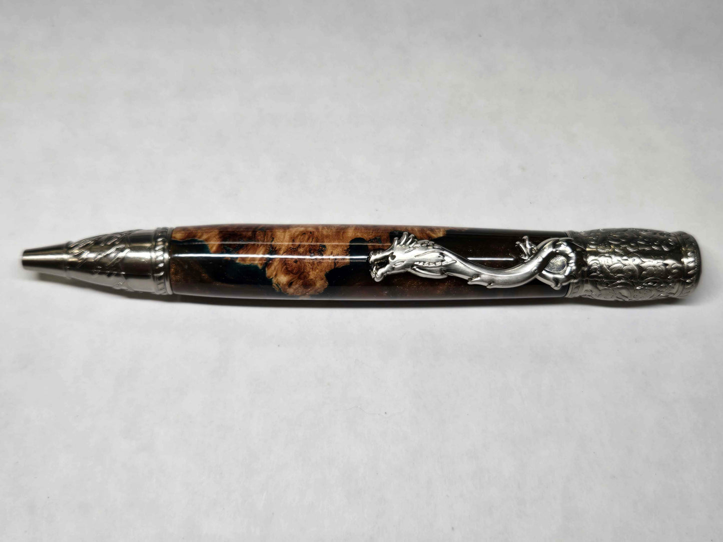 Kunlun Dragon Ballpoint Pen (Antique Nickel - Alumilite Resin & Maple Burl Hybrid)