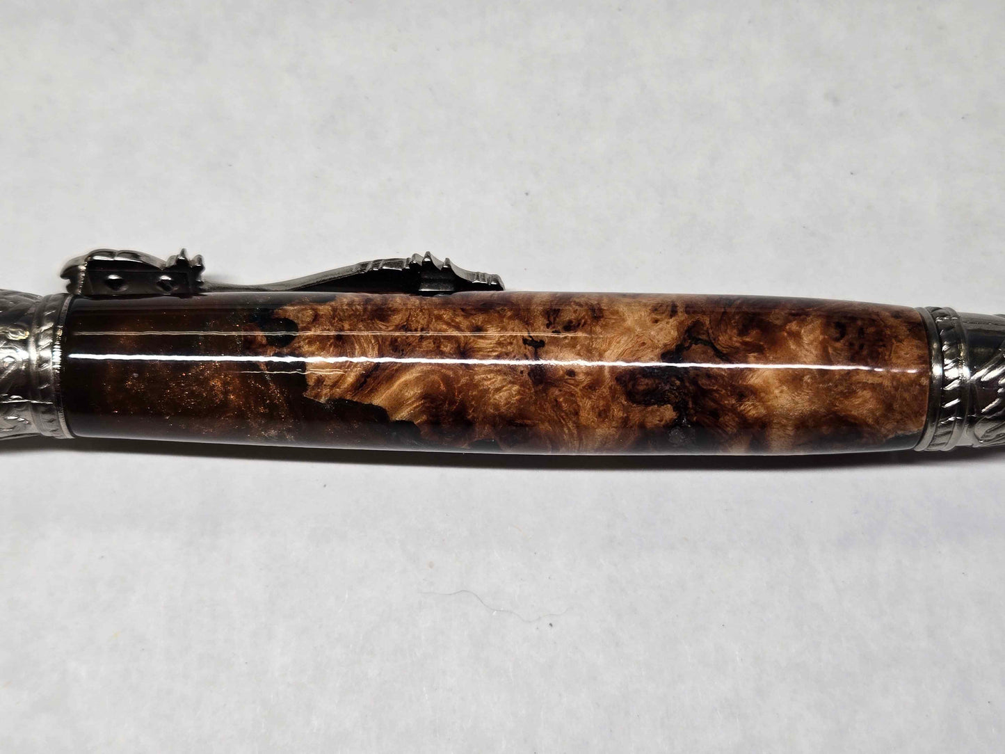 Kunlun Dragon Ballpoint Pen (Antique Nickel - Alumilite Resin & Maple Burl Hybrid)
