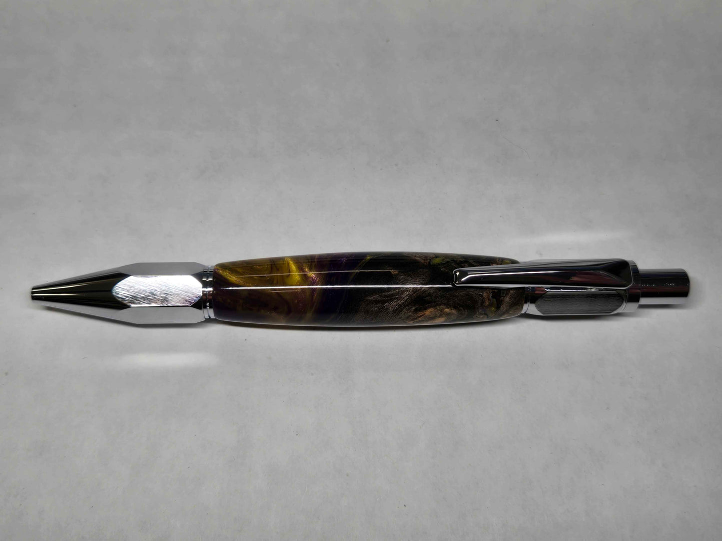 Vertex Hex Click Ballpoint Pen (Chrome - Purple & Gold Buckeye Maple Burl)