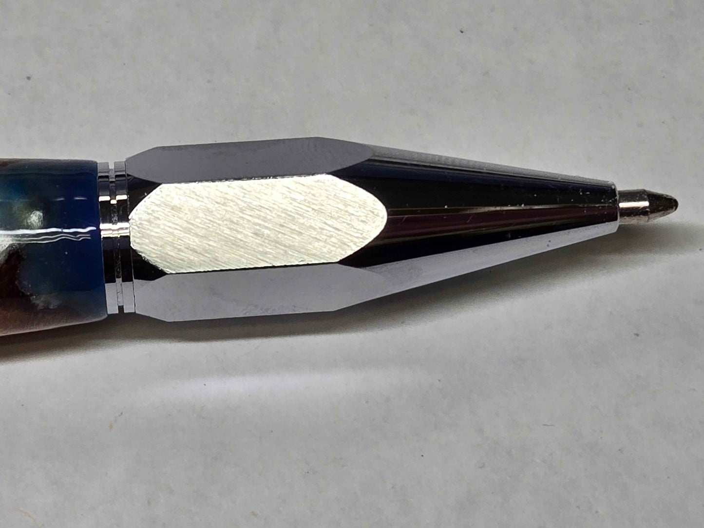 Vertex Hex Click Ballpoint Pen (Chrome - Maple Burl with Blue & Silver Alumilite)