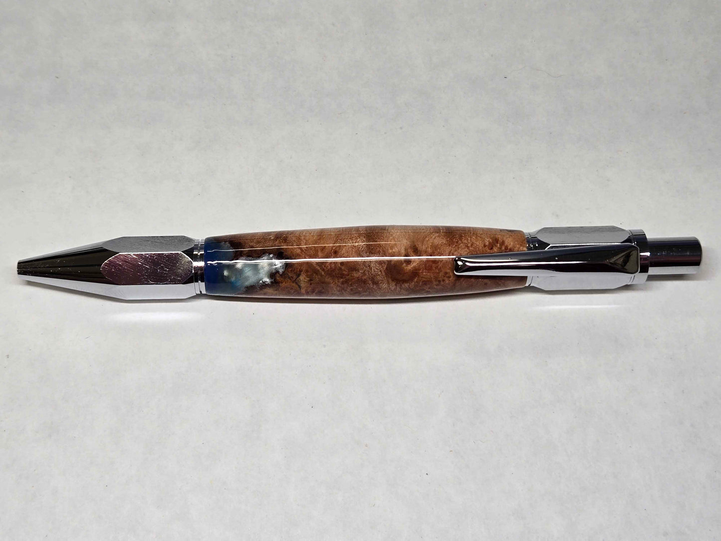 Vertex Hex Click Ballpoint Pen (Chrome - Maple Burl with Blue & Silver Alumilite)