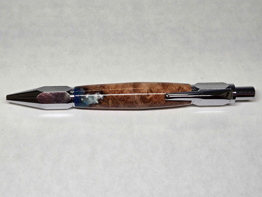 Vertex Hex Click Ballpoint Pen (Chrome - Maple Burl with Blue & Silver Alumilite)