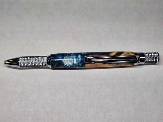 Knurl Twist Ballpoint Pen (Chrome - Spalted Tamarind Burl with Blue & Silver Alumilite)