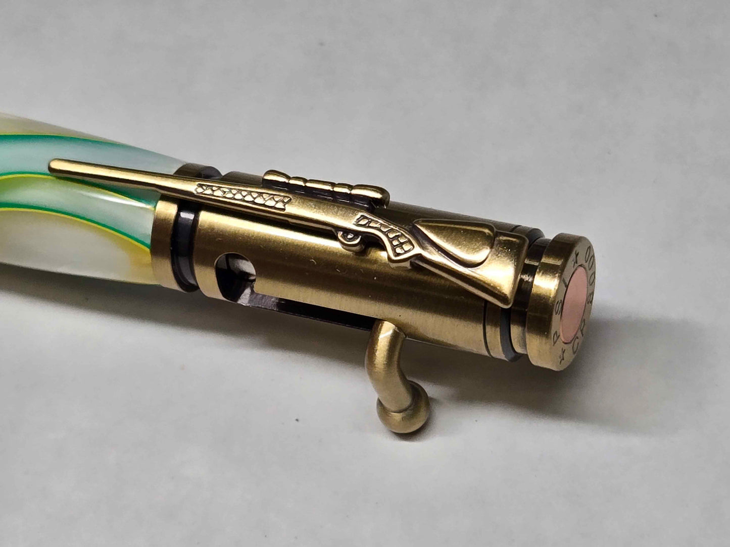 .30 Calibur Bolt Action Ballpoint Pen (Antique Brass - Key Lime Acrylic)