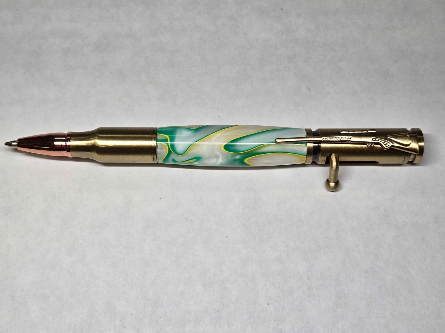.30 Calibur Bolt Action Ballpoint Pen (Antique Brass - Key Lime Acrylic)