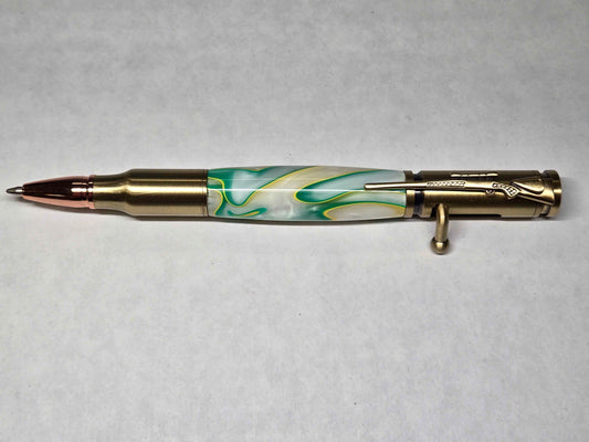.30 Calibur Bolt Action Ballpoint Pen (Antique Brass - Key Lime Acrylic)
