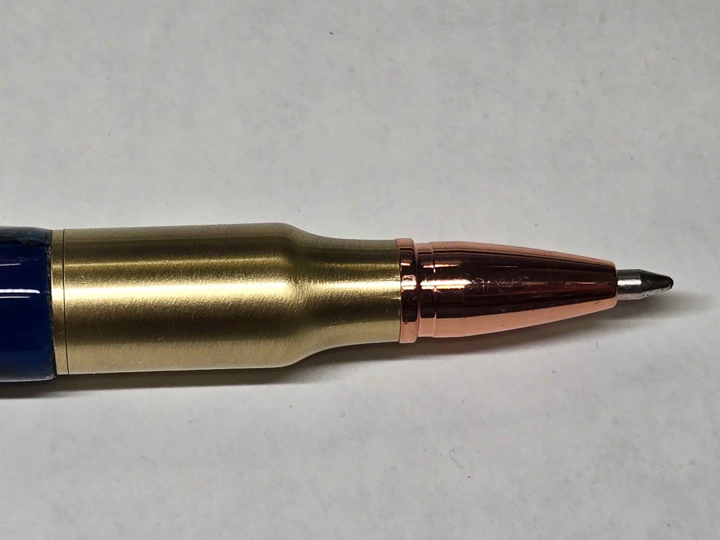 .30 Calibur Bolt Action Ballpoint Pen (Antique Brass - Multi-Dyed Maple Burl with Blue Acrylic)