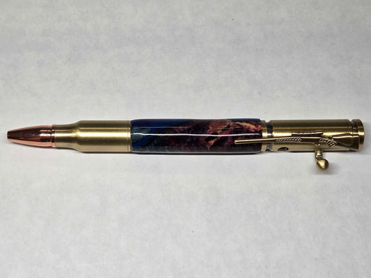 .30 Calibur Bolt Action Ballpoint Pen (Antique Brass - Multi-Dyed Maple Burl with Blue Acrylic)