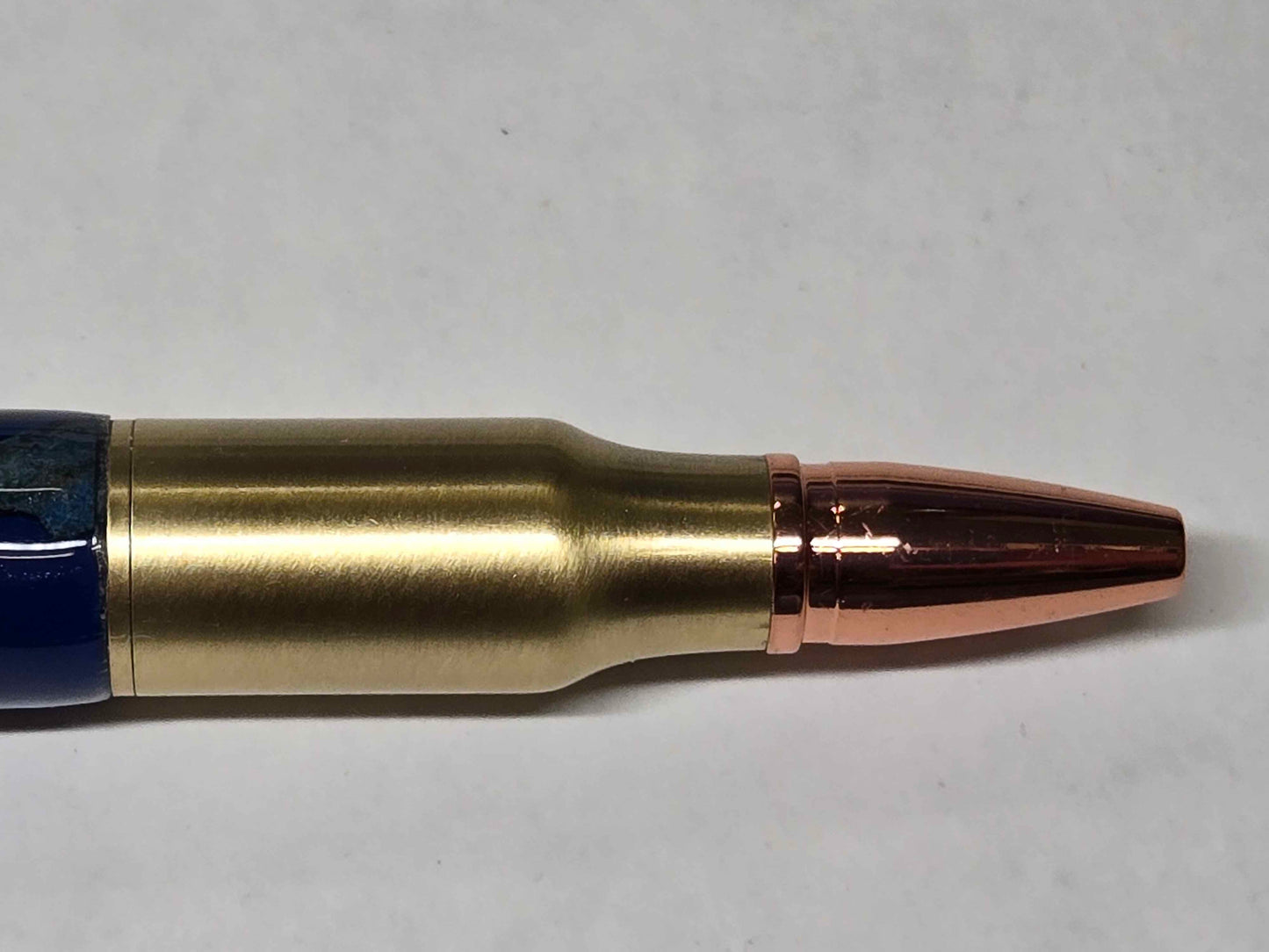 .30 Calibur Bolt Action Ballpoint Pen (Antique Brass - Multi-Dyed Maple Burl with Blue Acrylic)
