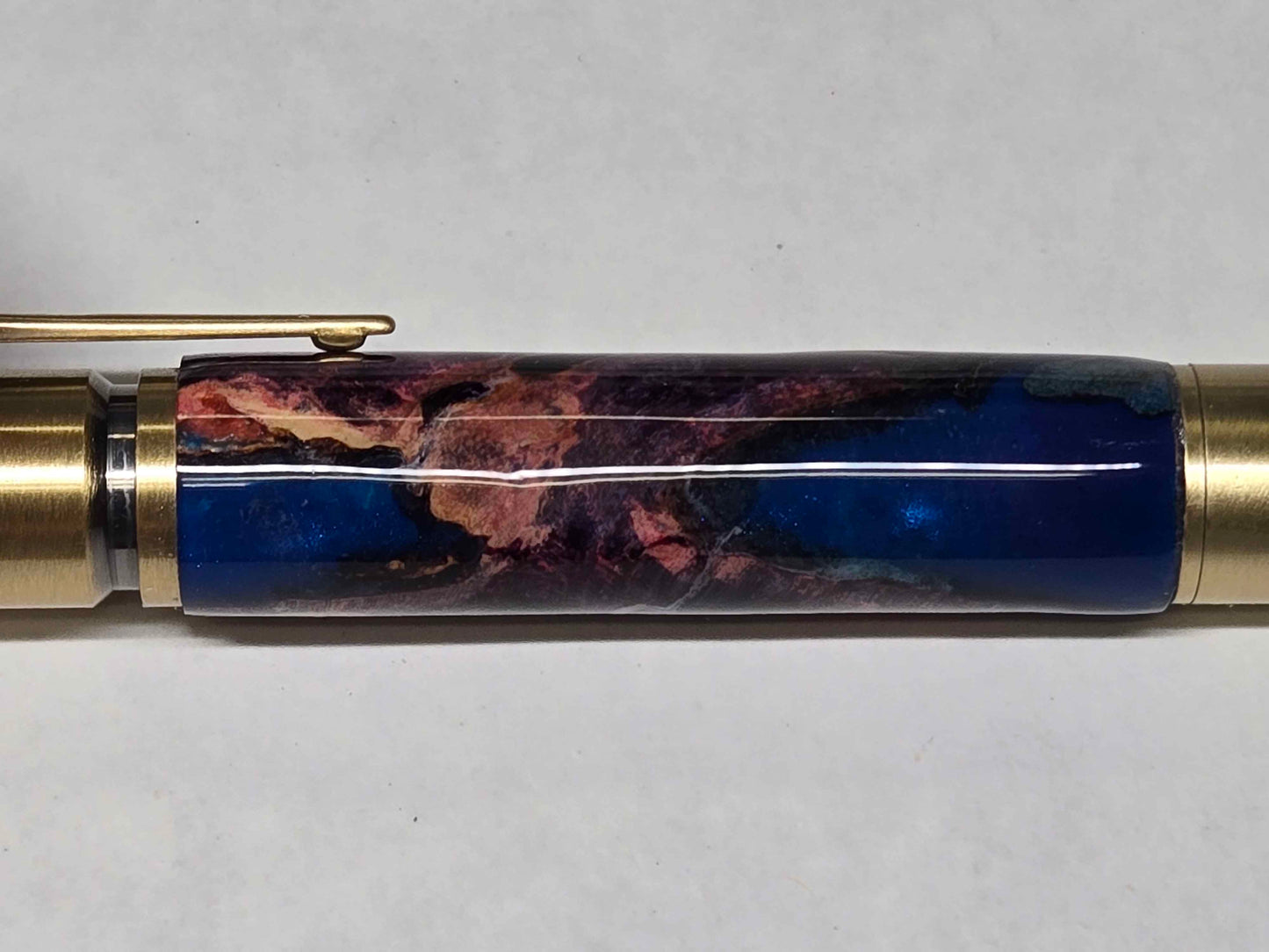 .30 Calibur Bolt Action Ballpoint Pen (Antique Brass - Multi-Dyed Maple Burl with Blue Acrylic)