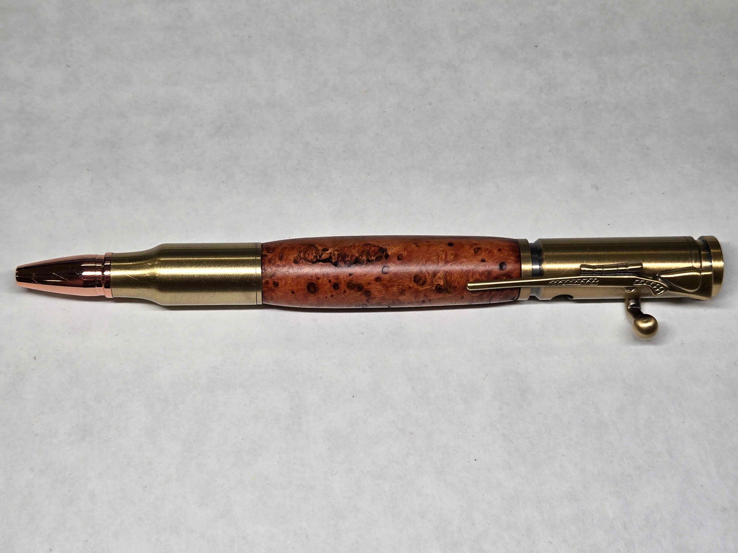 .30 Calibur Bolt Action Ballpoint Pen (Antique Brass - Thuya Burl)