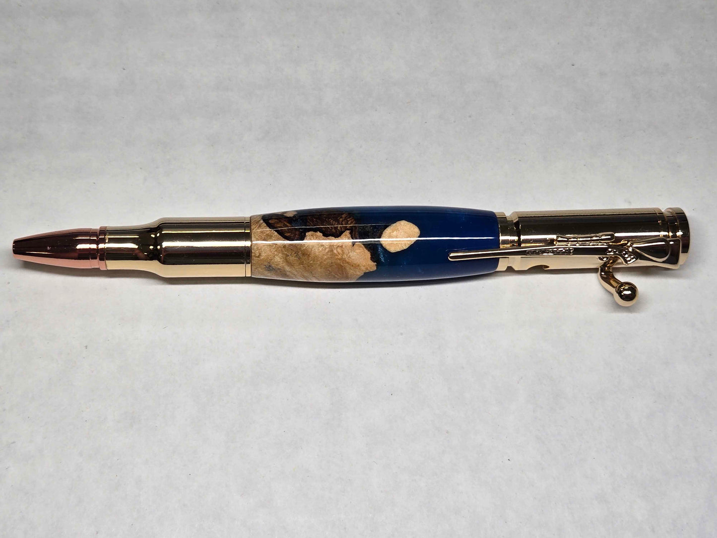 .30 Calibur Bolt Action Ballpoint Pen (Gold - Maple Burl with Blue & Silver Alumilite)