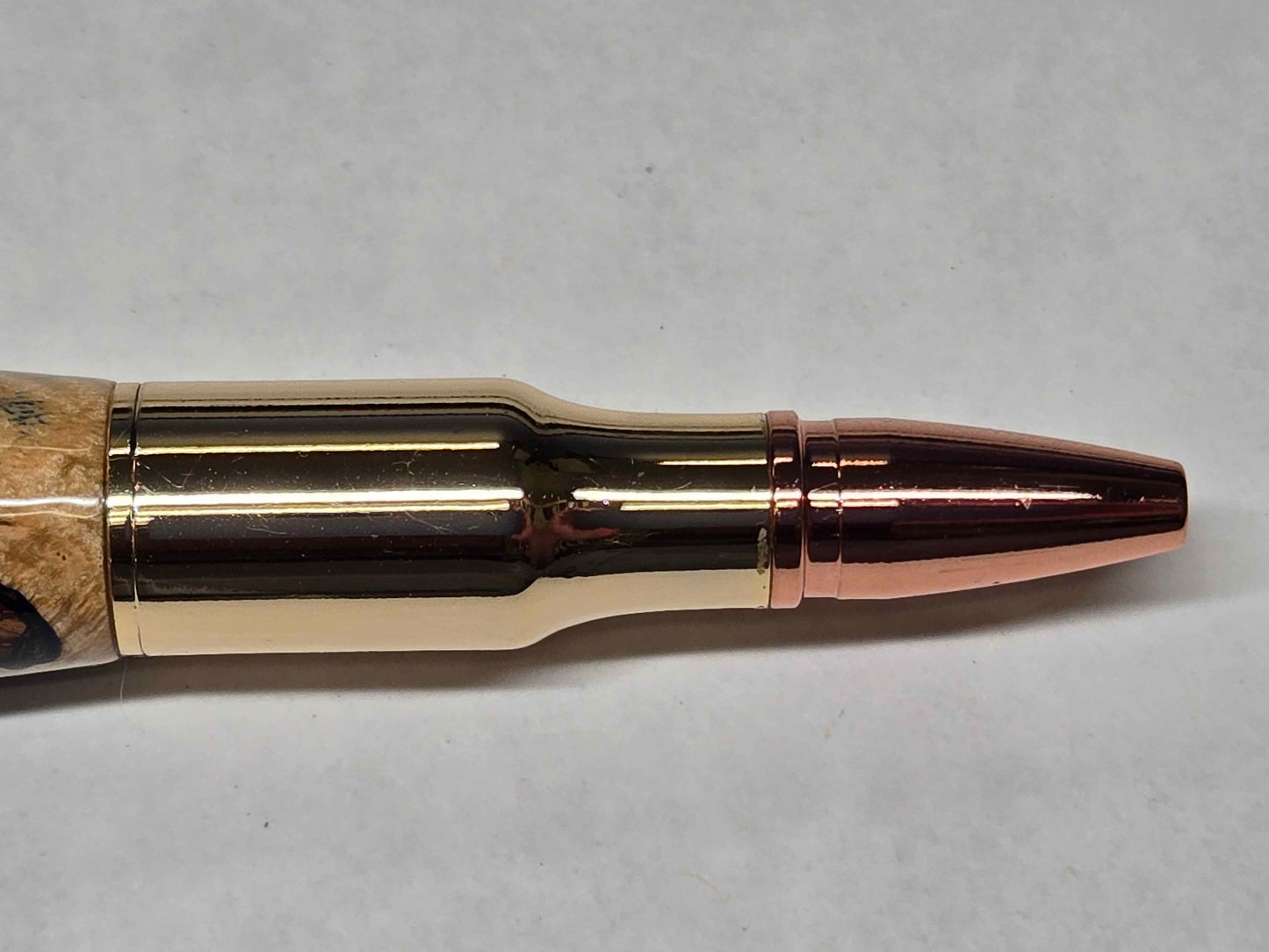 .30 Calibur Bolt Action Ballpoint Pen (Gold - Maple Burl with Blue & Silver Alumilite)