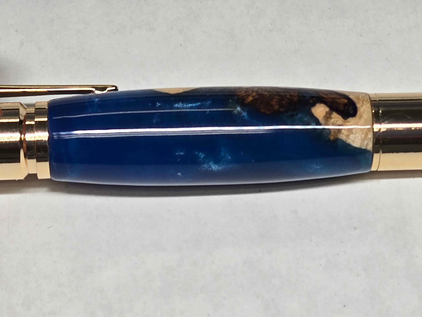 .30 Calibur Bolt Action Ballpoint Pen (Gold - Maple Burl with Blue & Silver Alumilite)