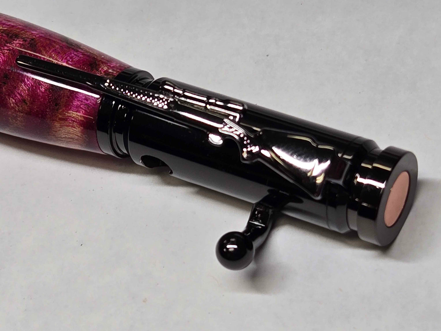 .30 Calibur Bolt Action Ballpoint Pen (Black Enamel - Multi-Dyed Spalted Curly Maple)