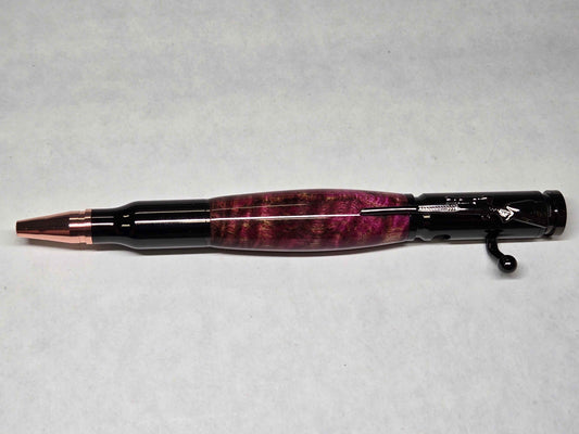 .30 Calibur Bolt Action Ballpoint Pen (Black Enamel - Multi-Dyed Spalted Curly Maple)