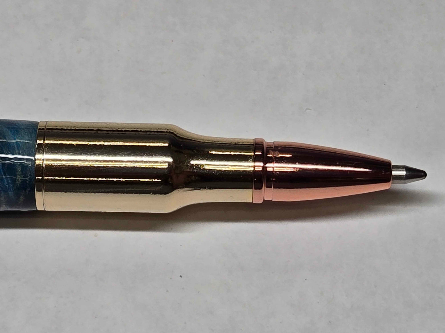 .30 Calibur Bolt Action Ballpoint Pen (Gold - Teal-Dyed Buckeye Burl with Brass Inlay)