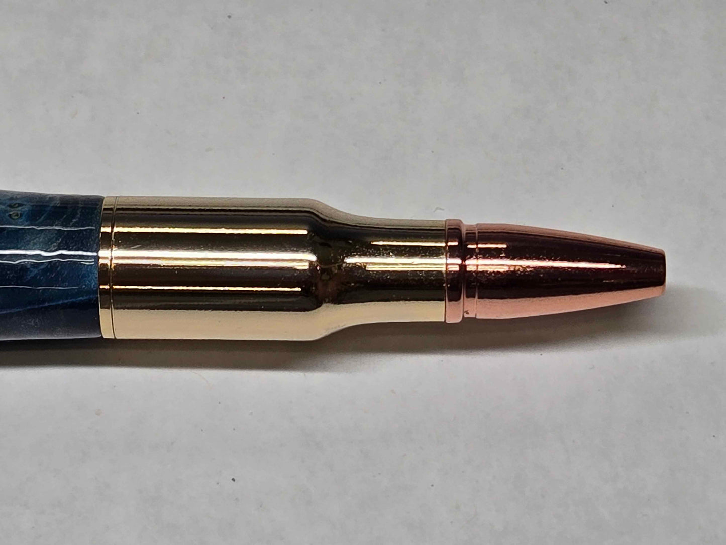 .30 Calibur Bolt Action Ballpoint Pen (Gold - Teal-Dyed Buckeye Burl with Brass Inlay)