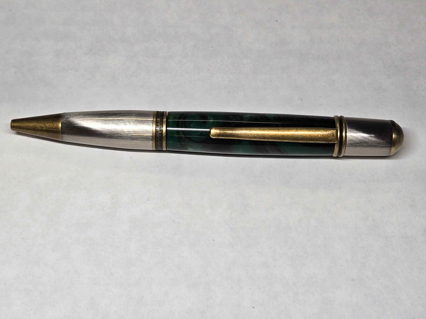 Monarch Grande Ballpoint Pen (Antique Brass/Antique Silver - Galapagos Green Alumilite)