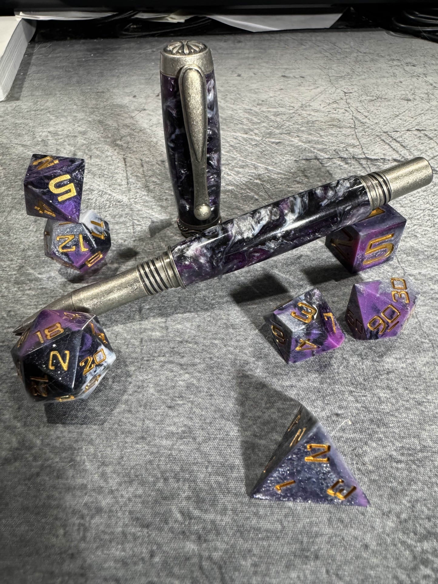 Alumilite Resin Handmade Pen & Dice Bundle (Black, Purple, Grey, White)