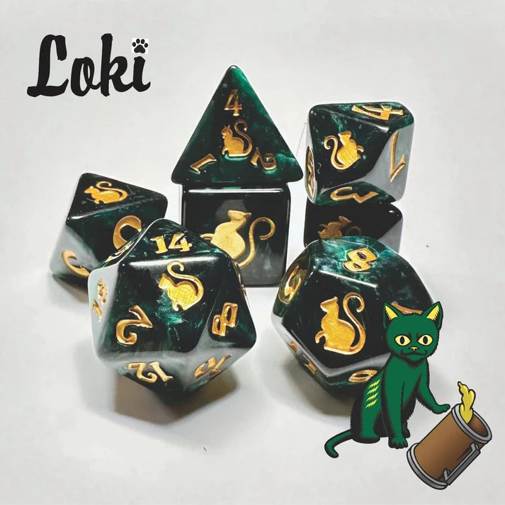 Black Oak Workshop Polyhedral Dice Set: Kitty Clacks - Loki