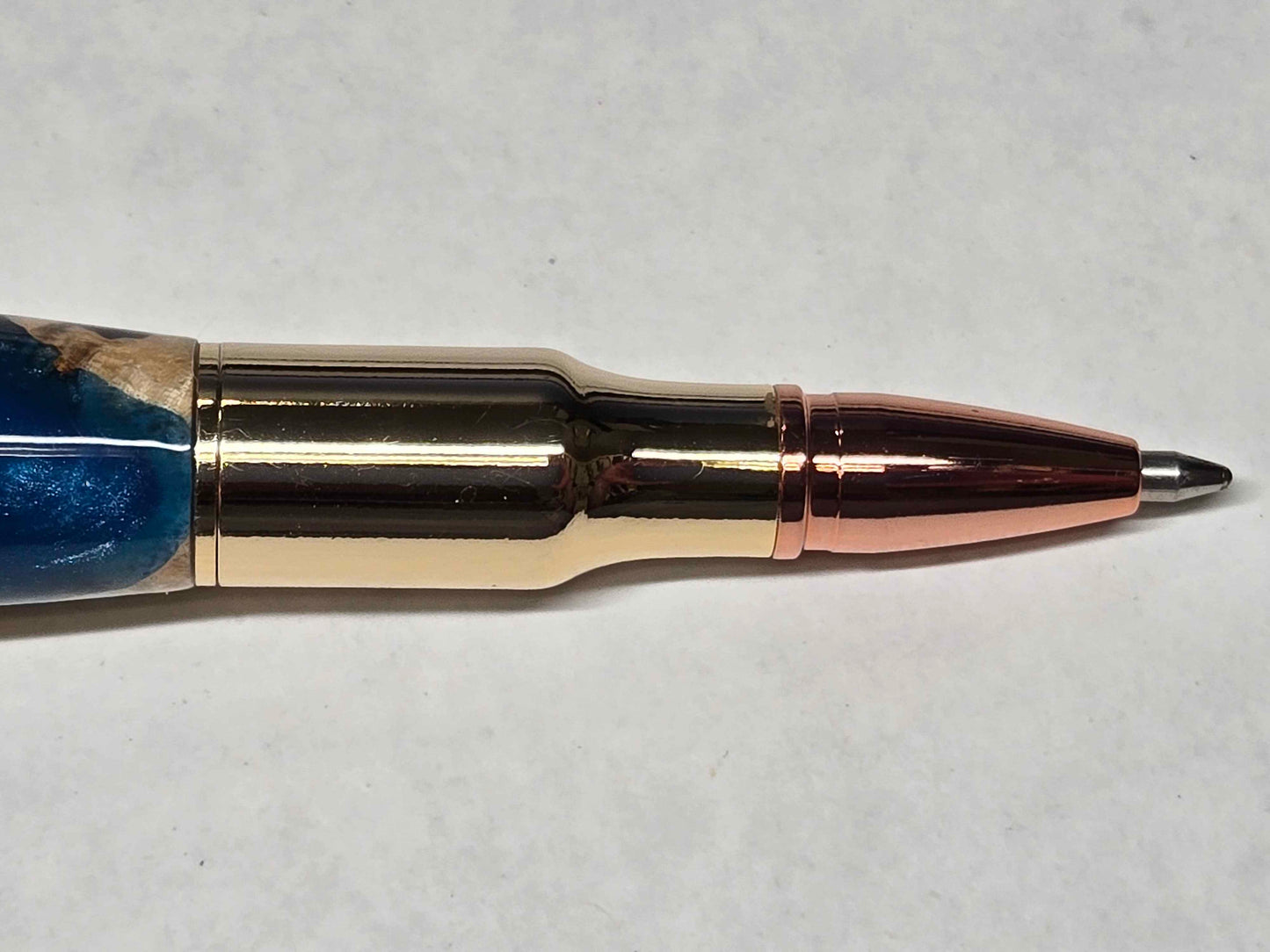 .30 Calibur Bolt Action Ballpoint Pen (Gold - Maple Burl with Blue & Silver Alumilite)