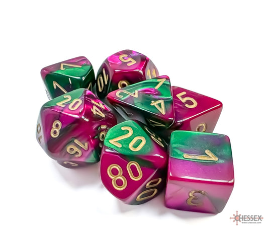 Chessex Polyhedral Dice Set: Gemini (Green Purple/Gold)