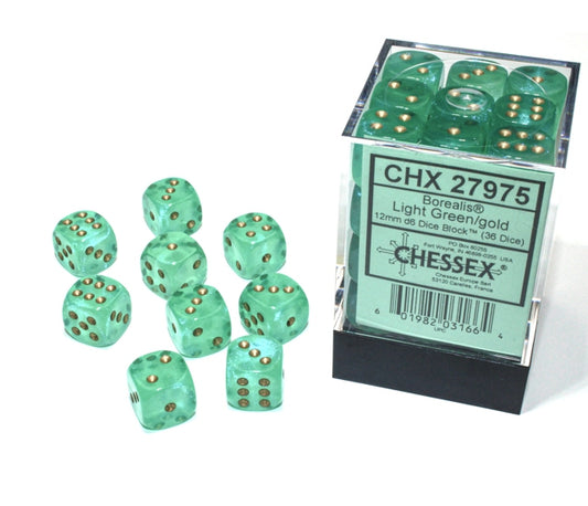 Chessex D6 Dice Brick: Borealis Luminary (Light Green/Gold)