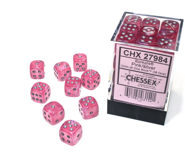 Chessex D6 Dice Brick: Borealis Luminary (Pink/Silver)