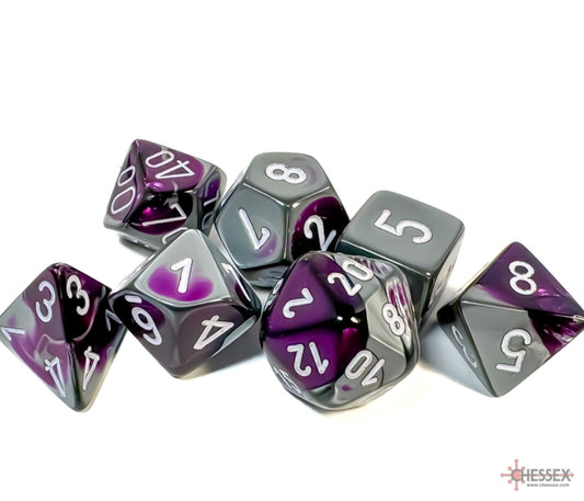 Chessex Polyhedral Dice Set: Gemini (Purple-Steel/White)
