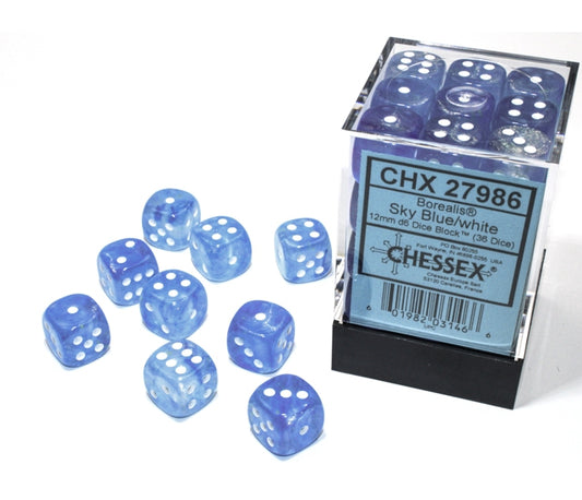 Chessex D6 Dice Brick: Borealis Luminary (Sky Blue/White)