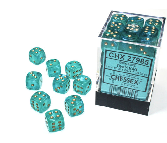 Chessex D6 Dice Brick: Borealis Luminary (Teal/Gold)