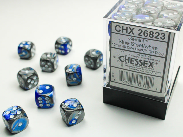 Chessex D6 Dice Brick: Gemini (Blue-Steel/White)